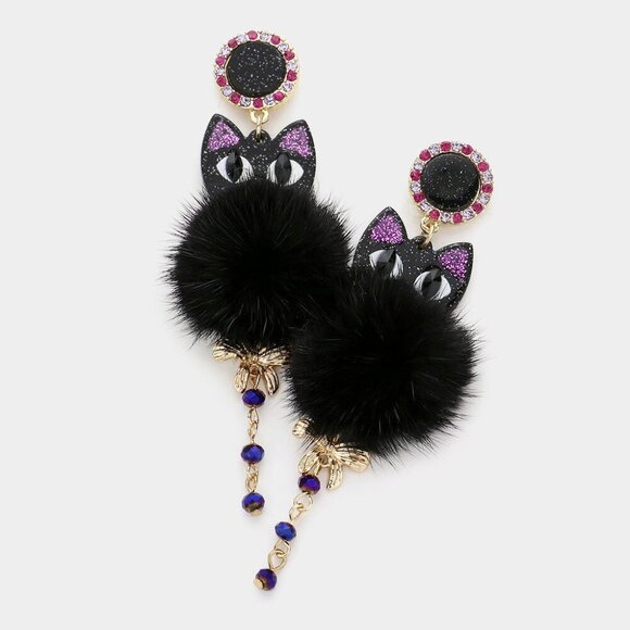 Pom Pom Accented Glittered Resin Cat Earrings - Picture 1 of 1